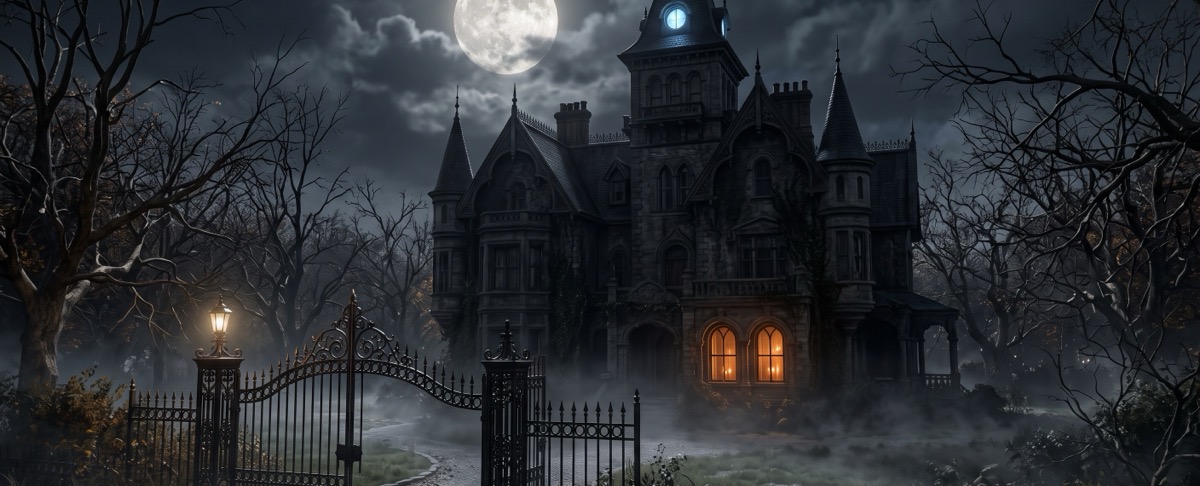 A Victorian manor at night under a full moon, one window glowing amber and an attic window glowing pale blue