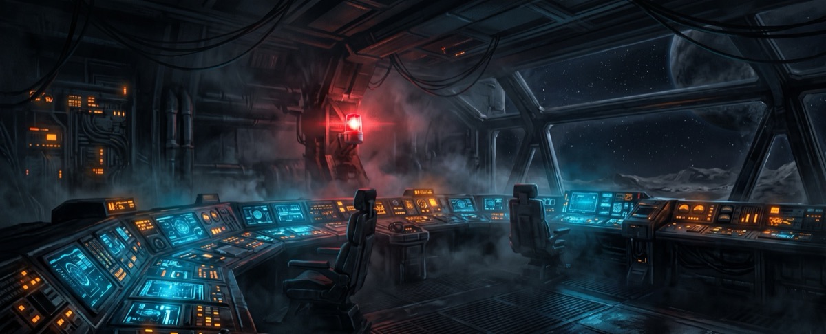 A moody sci-fi spaceship control room with glowing blue panels and a red distress beacon