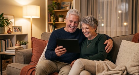 An older couple laughing together on the couch