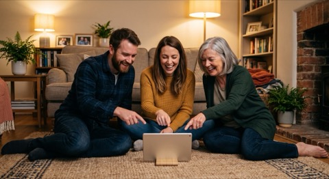 Three generations of a family laughing together