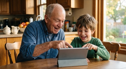 A grandfather and grandson laughing together over a tablet